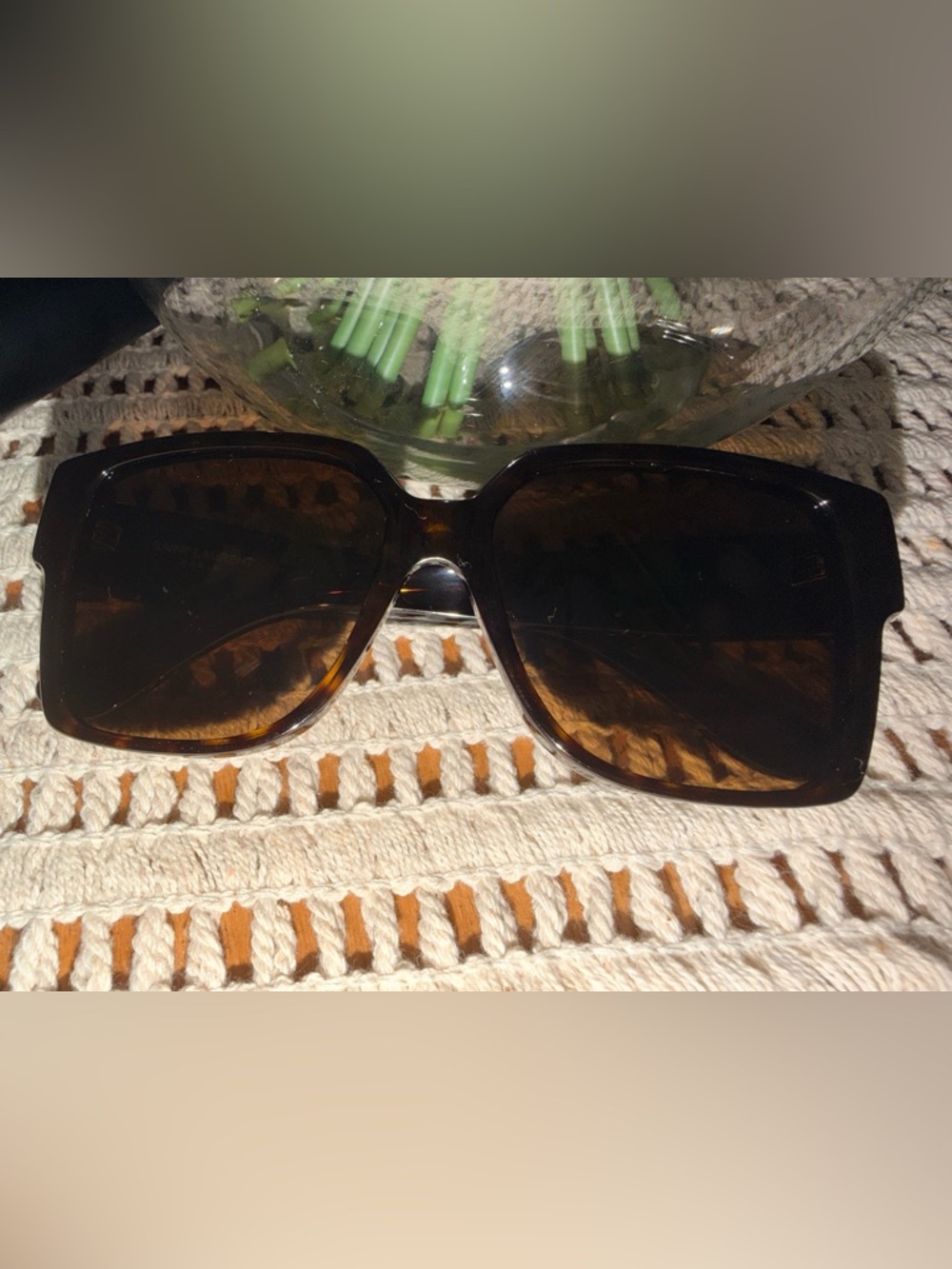 Saint Laurent Tortoiseshell Brown Square Sunglasses with Gold YSL Logo - Picture 10 of 12